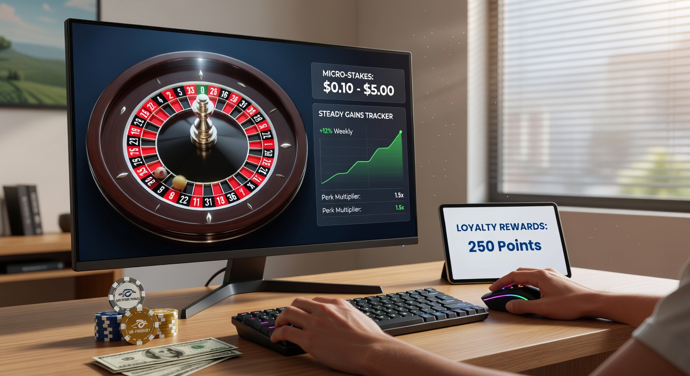 Player dashboard showing micro-stakes roulette balance growth with perk notifications on an offshore US-friendly site