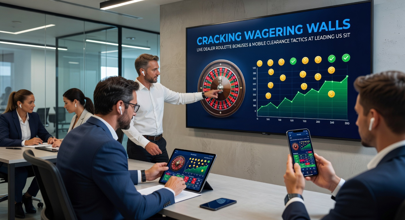Mobile phone displaying live roulette bonus terms, strategy chart for wagering clearance, and app interface