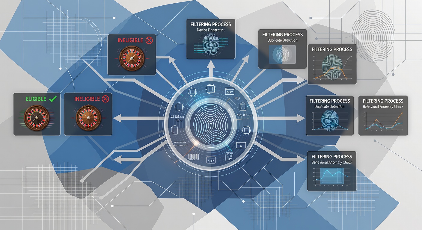 Screenshot of a compliance dashboard displaying device fingerprint matches and blocked roulette bonus attempts across multiple state jurisdictions