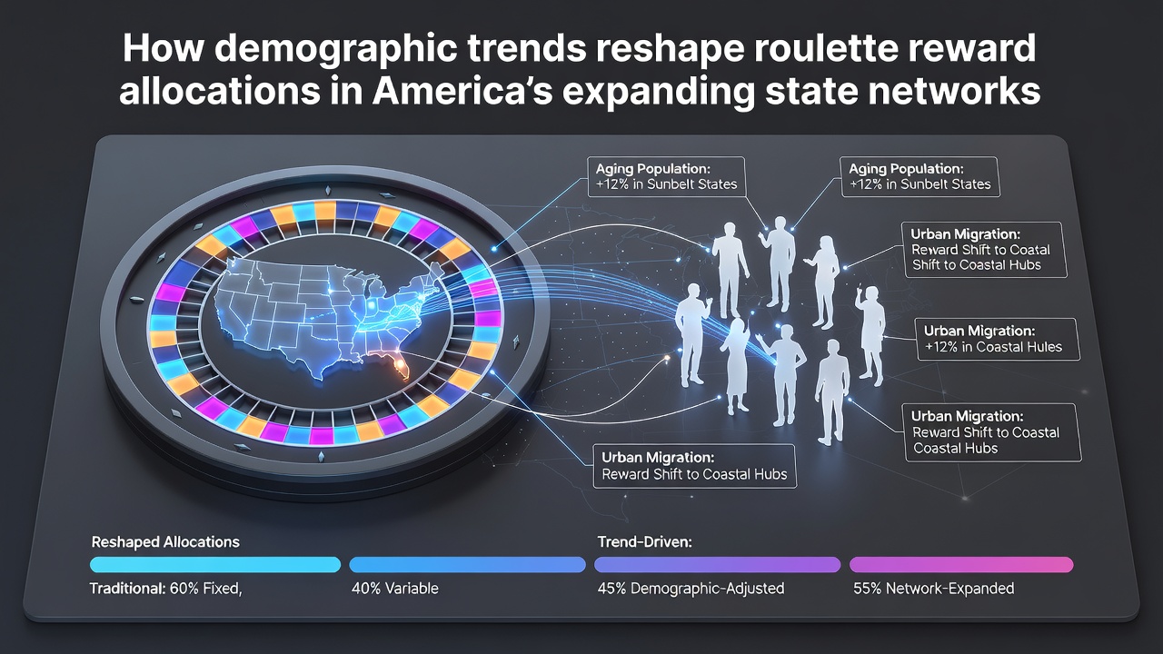 Demographic data charts showing population shifts across US states with roulette gaming overlays