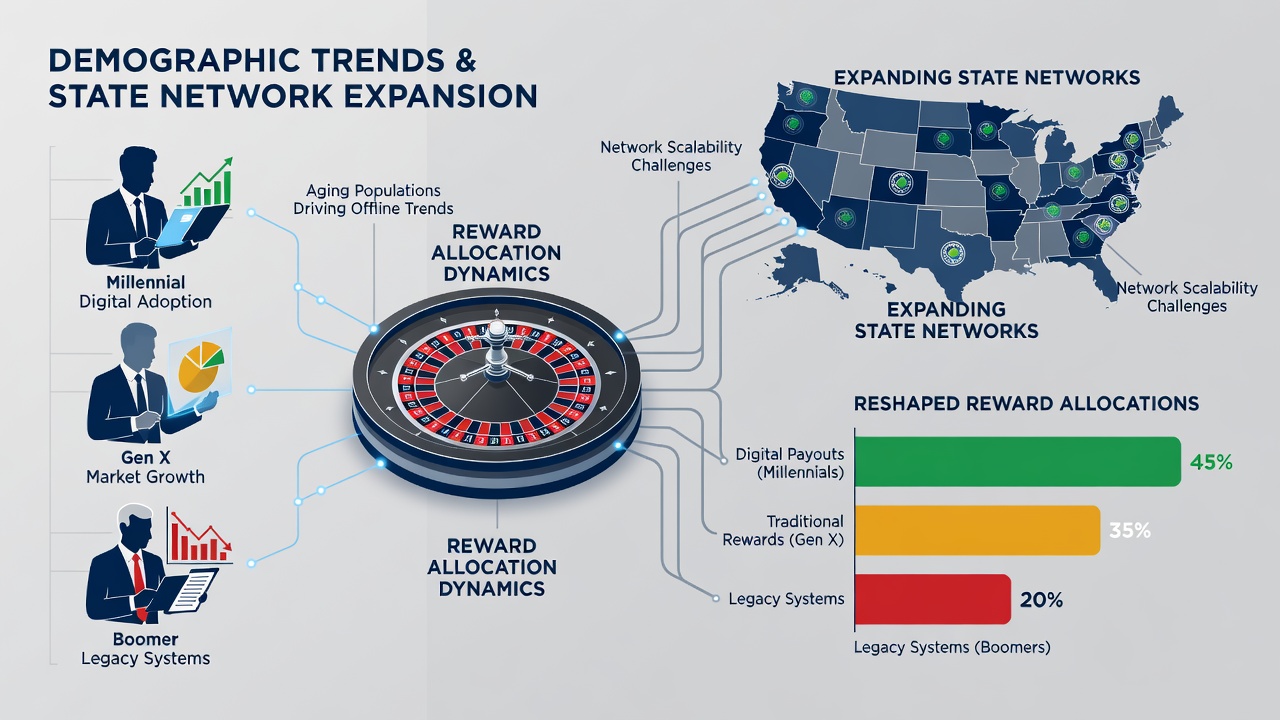US map highlighting state gaming expansions and demographic migration arrows