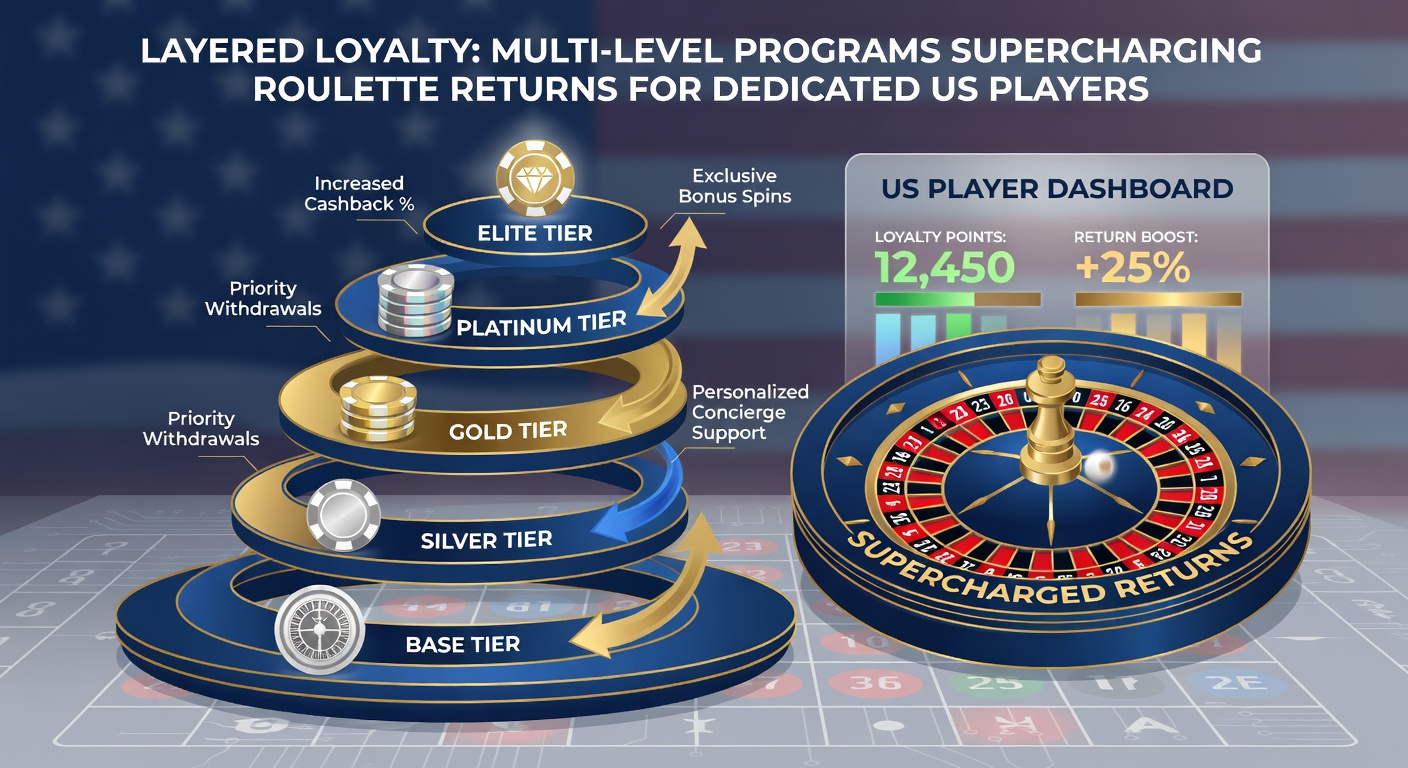 Infographic detailing tiered loyalty benefits with roulette icons, points charts, and escalating reward pyramids for US online casinos