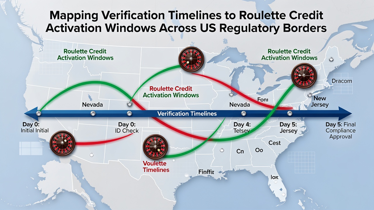 Map illustration of US regulatory borders with overlaid verification and activation timelines for roulette credits