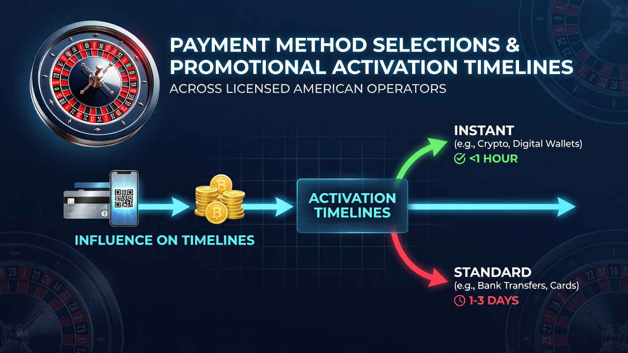 Roulette table with payment processing icons overlaid showing timelines for bonus activation in US casinos