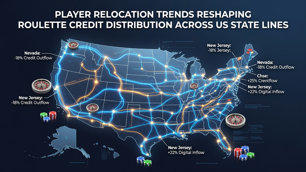 Map showing player movement patterns and roulette credit flows between US states with regulated online gaming markets