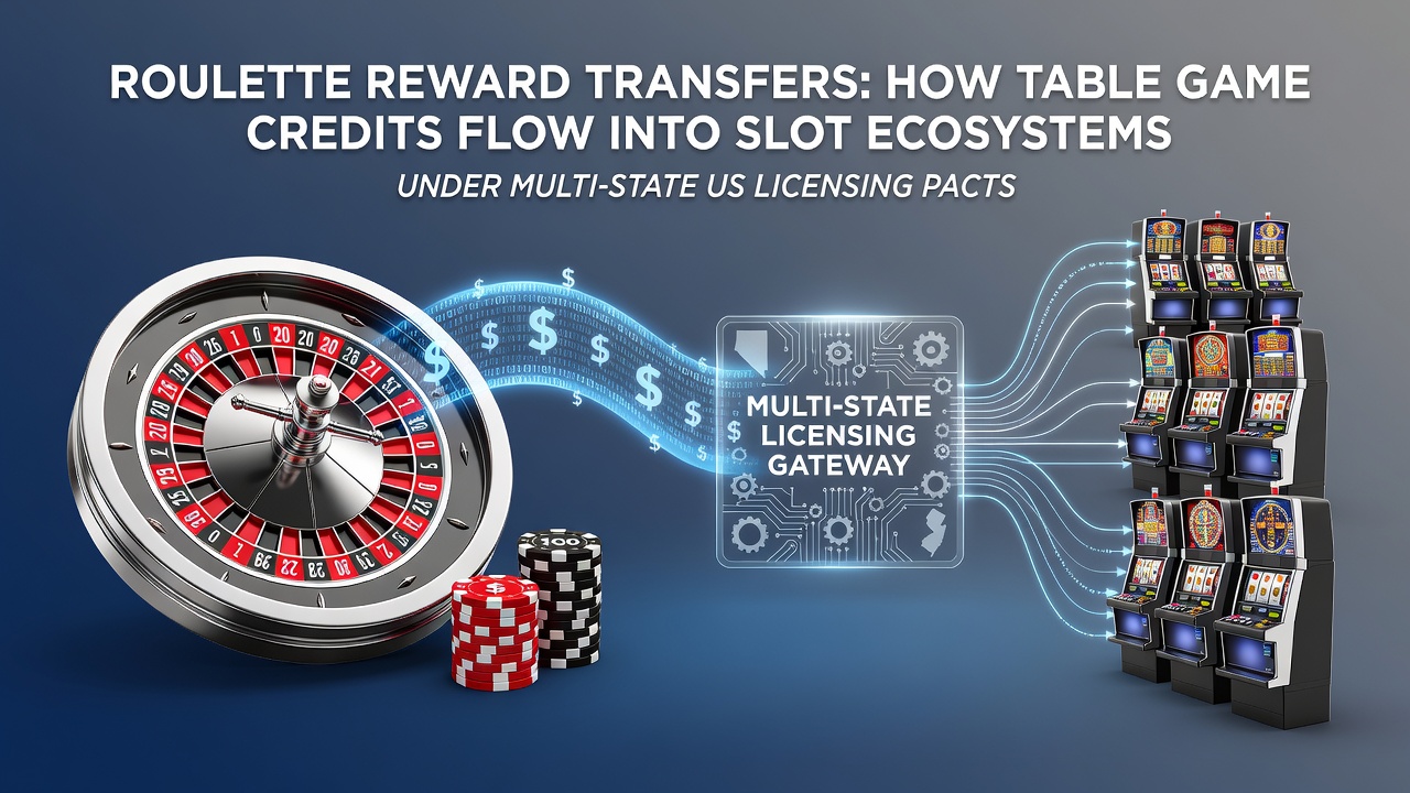 Diagram illustrating credit movement from roulette tables into slot machine reward pools across multi-state US licensing agreements