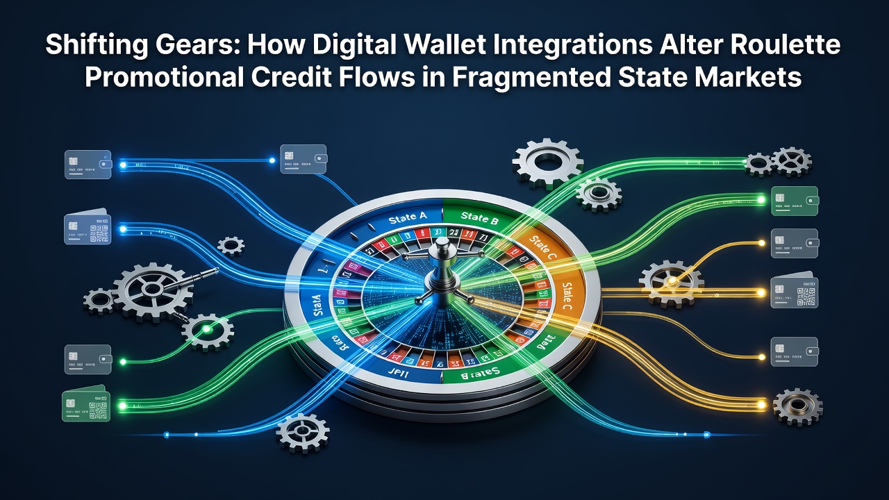 Digital wallet icons connecting to roulette promotional credit flows across state regulatory lines