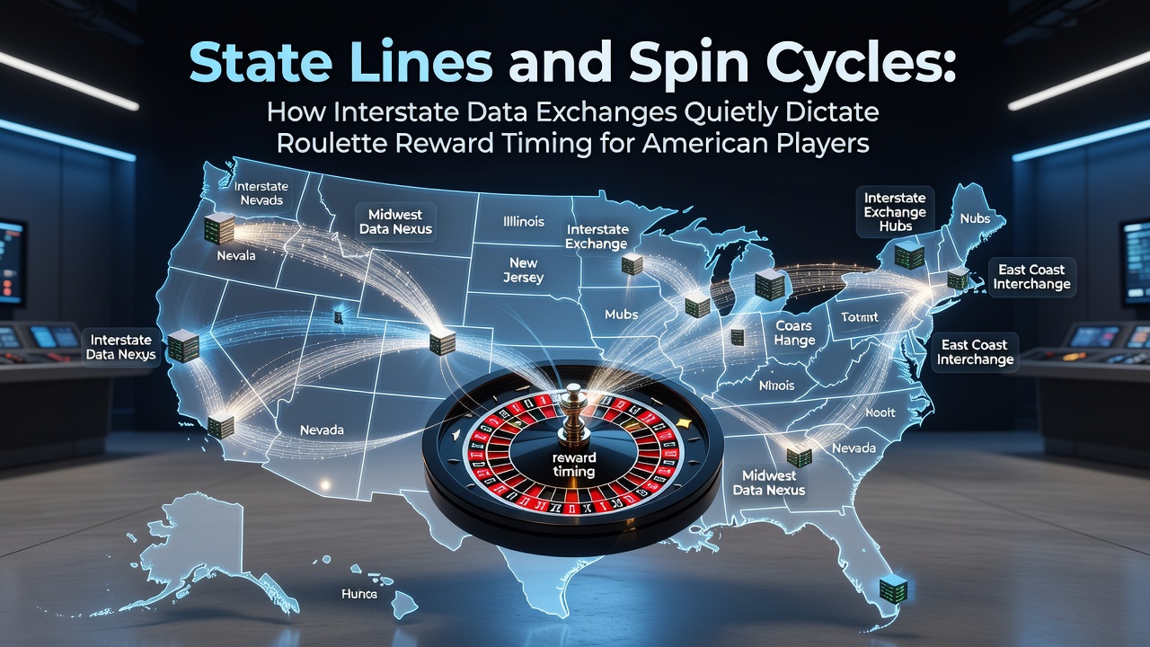 Interstate data exchange network diagram showing roulette reward timing across US state lines