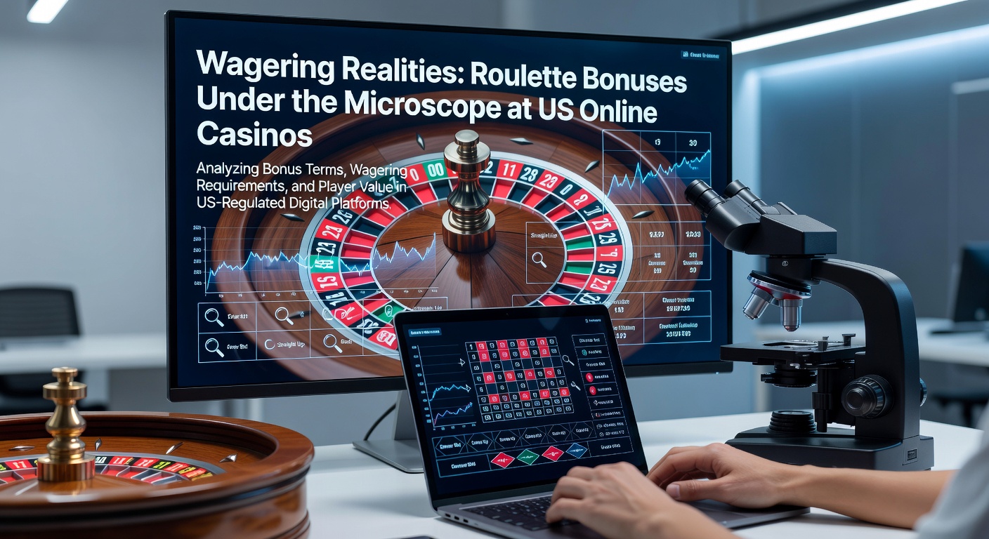 Close-up view of a roulette wheel with casino chips and bonus terms overlay, highlighting wagering requirements in a US online casino context