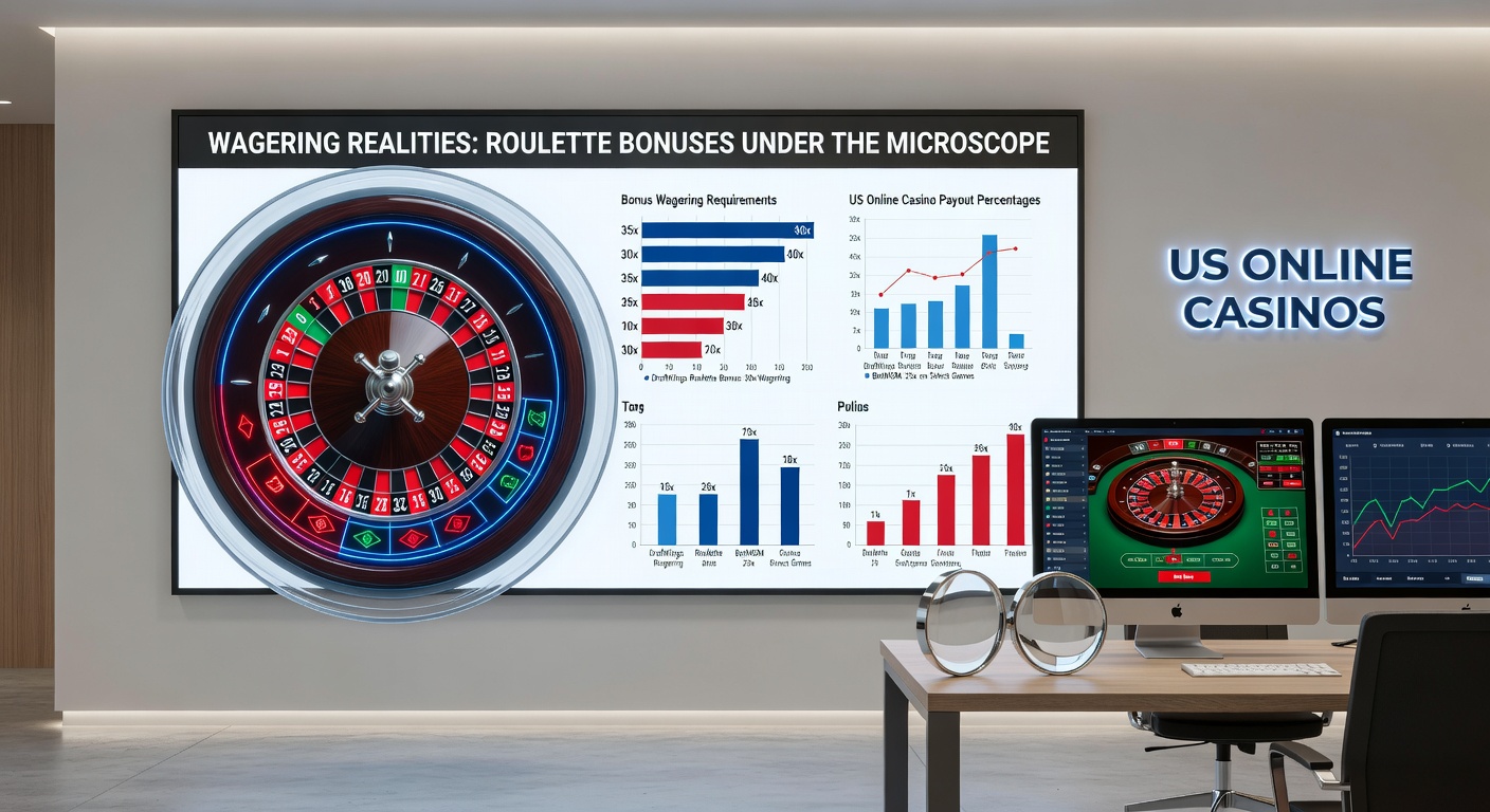 Infographic breaking down wagering contribution charts for roulette variants at US casinos, with pie charts showing time to clearance and state-specific rules